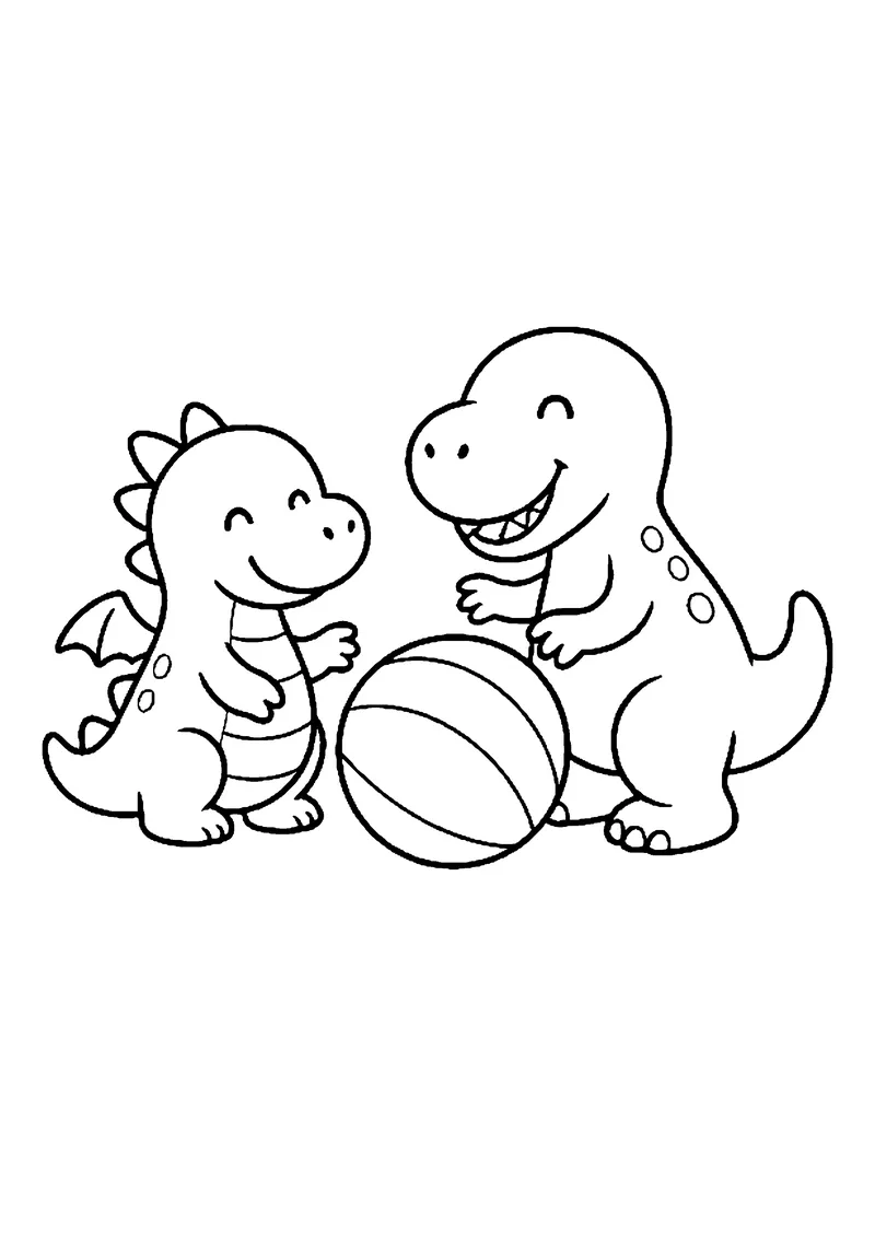Kolorowanka z dinozaurami do druku: smoczek i wesoły T-rex grają w piłkę