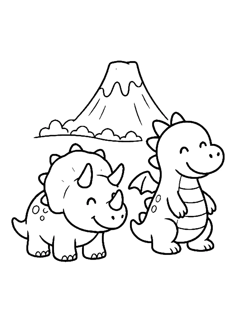 Kolorowanka dinozaury: smoczek i triceratops przy spokojnym wulkanie