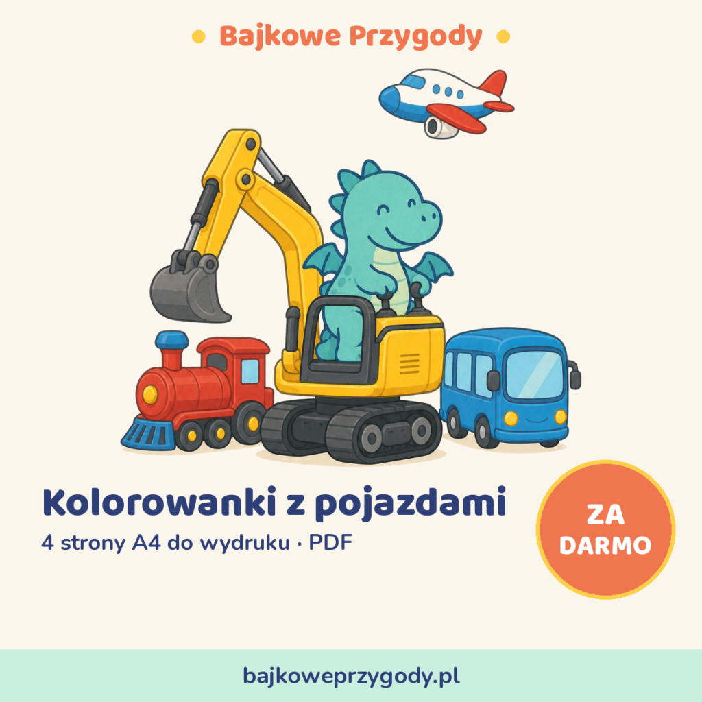 Kolorowanki z pojazdami do druku - okładka zestawu PDF ze smoczkiem