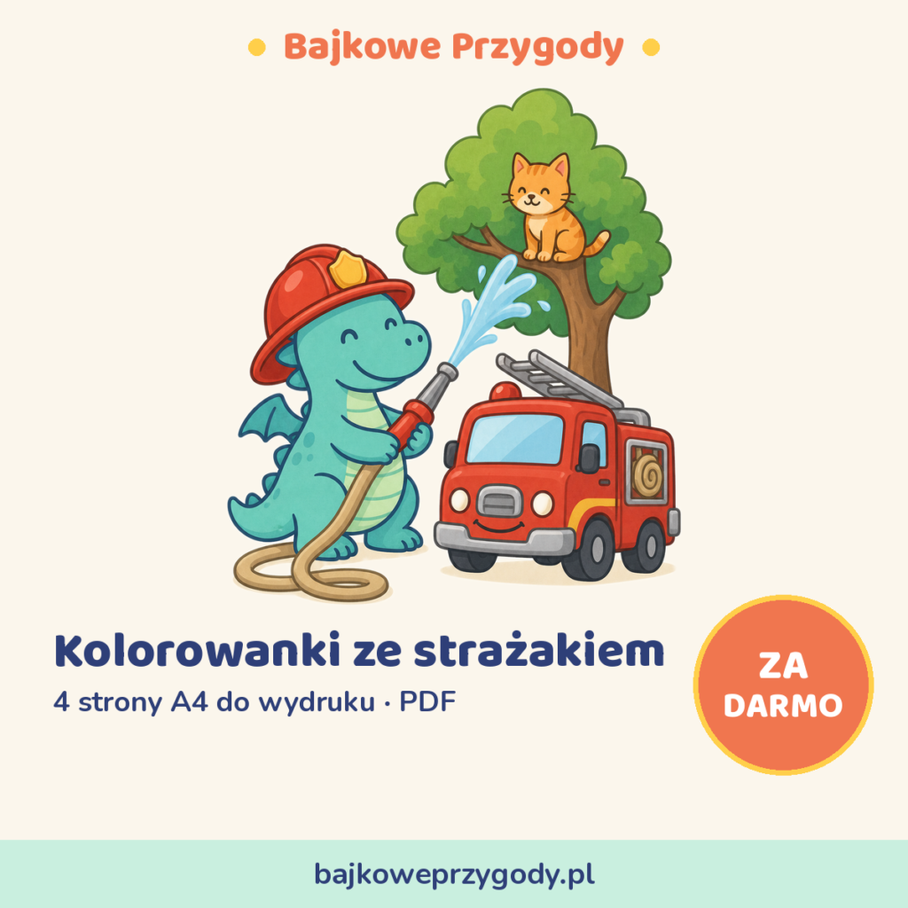 Kolorowanki ze strażakiem do druku - okładka zestawu PDF ze smoczkiem