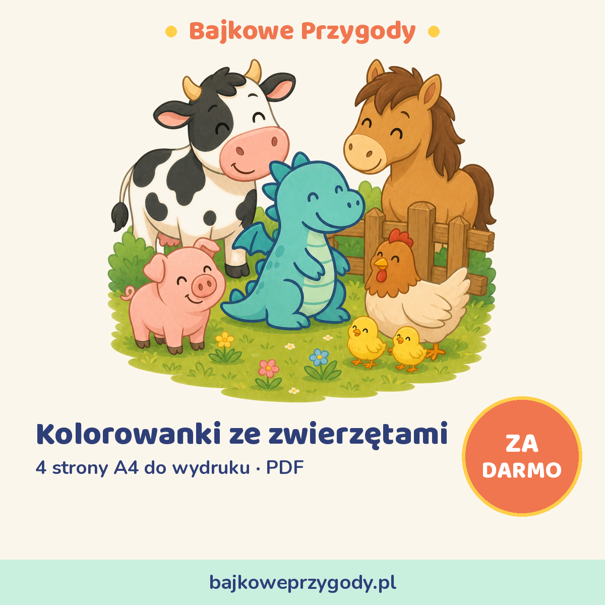 Kolorowanki ze zwierzętami do druku - okładka zestawu PDF ze smoczkiem