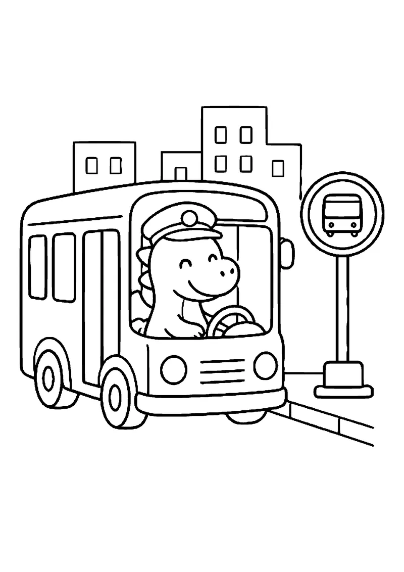 Kolorowanka auta i autobusy: smoczek kierowca autobusu na przystanku